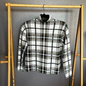 Tahari Plaid Mock Neck Sweater in Cream, Black & Yellow Accent